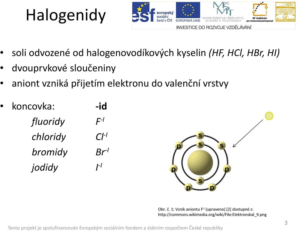 koncovka: -id fluoridy F chloridy Cl bromidy Br jodidy I Obr. č.