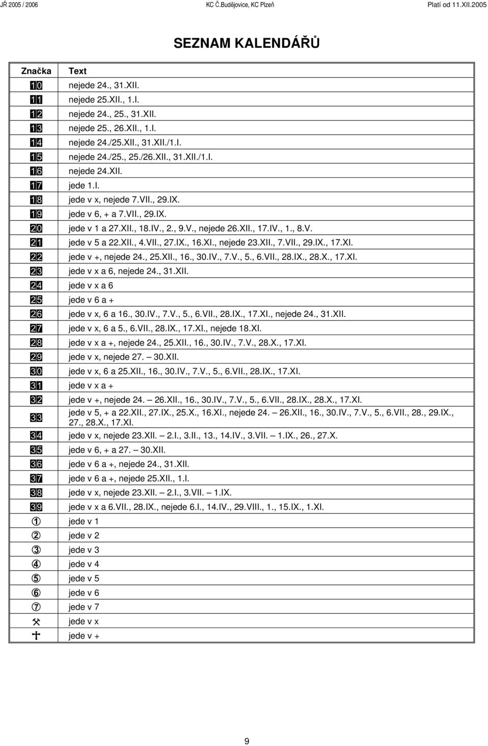 IV., 1., 8.V. jede v 5 a 22.XII., 4.VII., 27.IX., 16.XI., nejede 23.XII., 7.VII., 29.IX., 17.XI. jede v +, nejede 24., 25.XII., 16., 30.IV., 7.V., 5., 6.VII., 28.IX., 28.X., 17.XI. jede v x a 6, nejede 24.