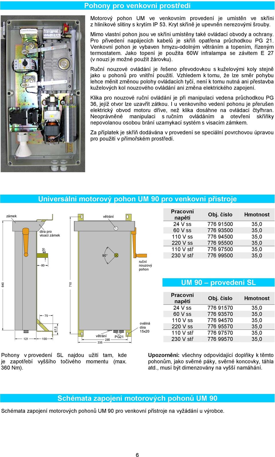 Venkovní pohon je vybaven hmyzu-odolným větráním a topením, řízeným termostatem. Jako topení je použita 60W infralampa se závitem E 27 (v nouzi je možné použít žárovku).