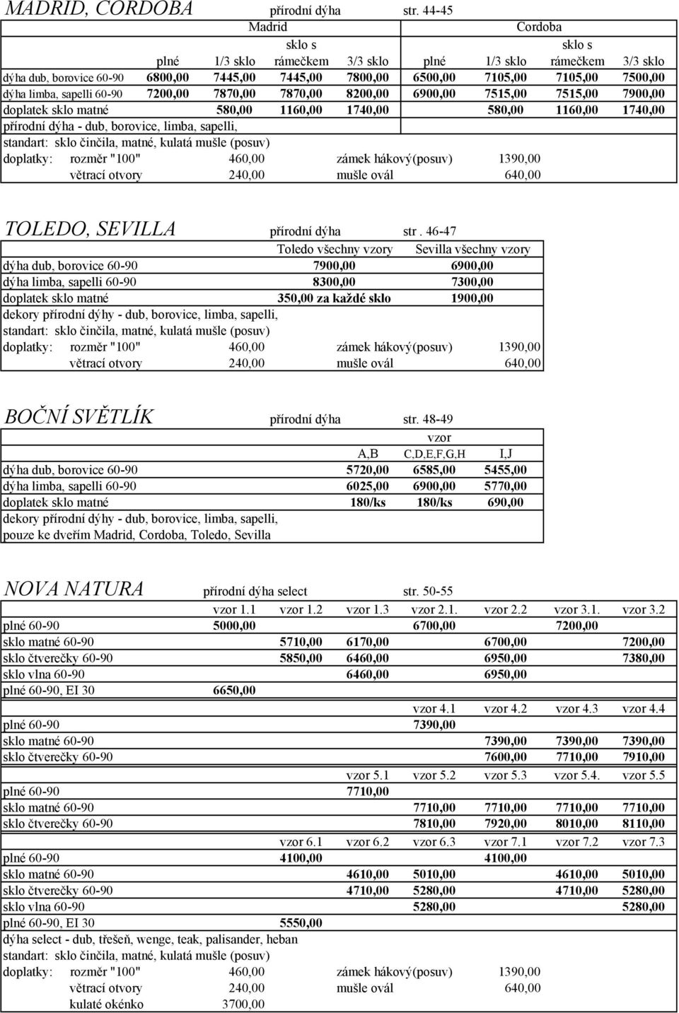 sapelli 60-90 7200,00 7870,00 7870,00 8200,00 6900,00 7515,00 7515,00 7900,00 doplatek sklo matné 580,00 1160,00 1740,00 580,00 1160,00 1740,00 přírodní dýha - dub, borovice, limba, sapelli,