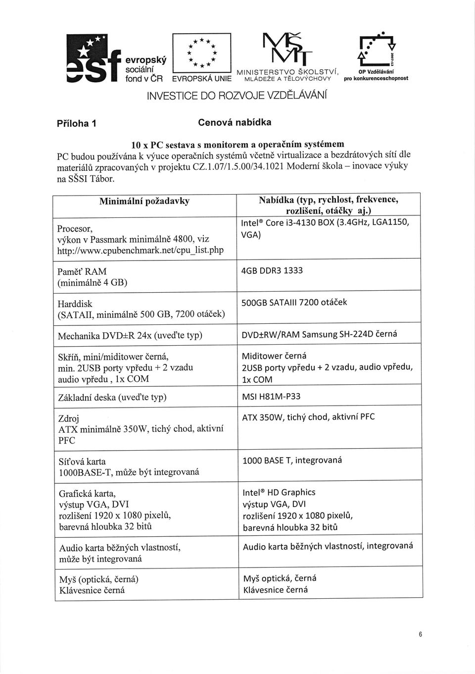 1021 Modernf Skola - inovace vluky na SSSI T6bor. Minimilni poiadavky Procesor, qikon v Passmark minim6lne 4800, viz http ://www. cpubenchmark. net/cpu-list.