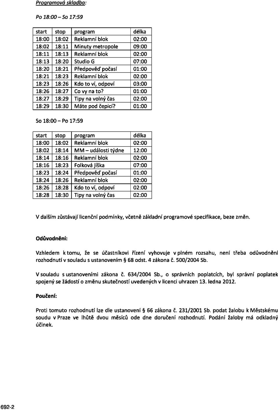 01:00 So 18:00-Po 17:59 start stop program délka 18:00 18:02 Reklamní blok 02:00 18:02 18:14 MM - události týdne 12:00 18:14 18:16 Reklamní blok 02:00 18:16 18:23 Folková jíška 07:00 18:23 18:24