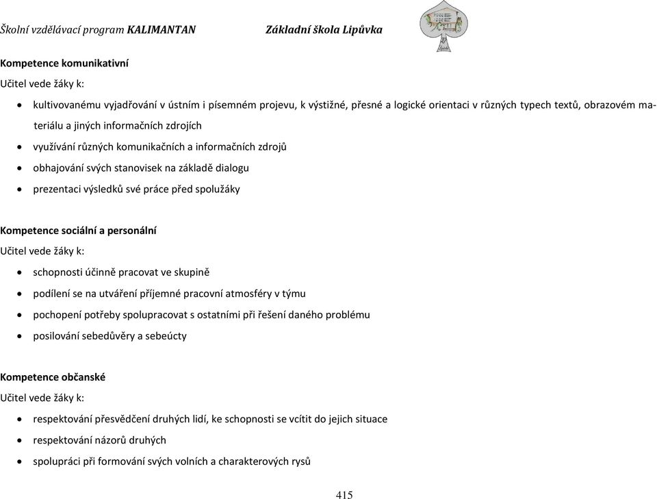 personální Učitel vede žáky k: schopnosti účinně pracovat ve skupině podílení se na utváření příjemné pracovní atmosféry v týmu pochopení potřeby spolupracovat s ostatními při řešení daného problému