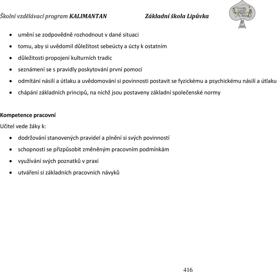 chápání základních principů, na nichž jsou postaveny základní společenské normy Kompetence pracovní Učitel vede žáky k: dodržování stanovených pravidel a