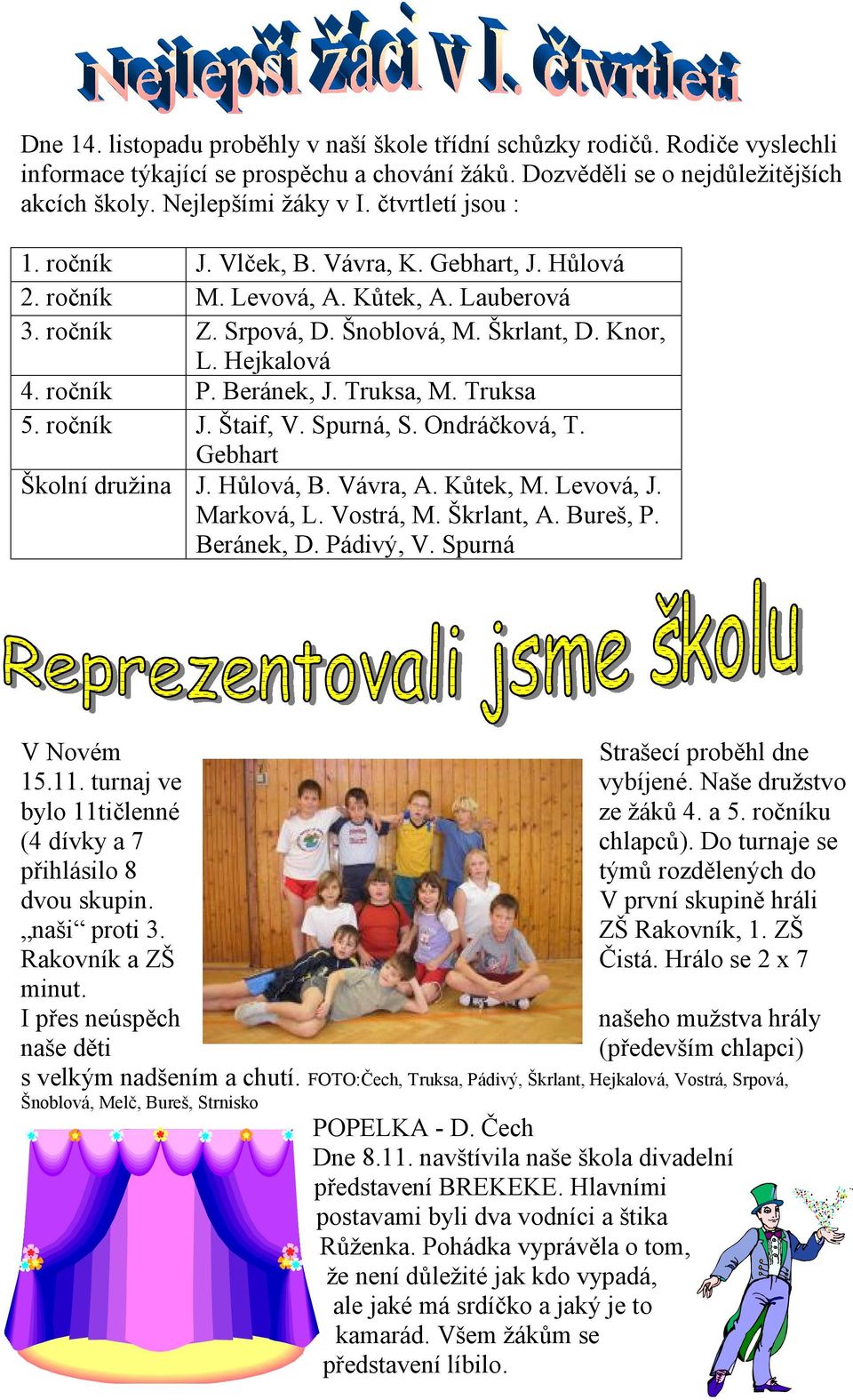 Beránek, J. Truksa, M. Truksa 5. ročník J. Štaif, V. Spurná, S. Ondráčková, T. Gebhart Školní družina J. Hůlová, B. Vávra, A. Kůtek, M. Levová, J. Marková, L. Vostrá, M. Škrlant, A. Bureš, P.