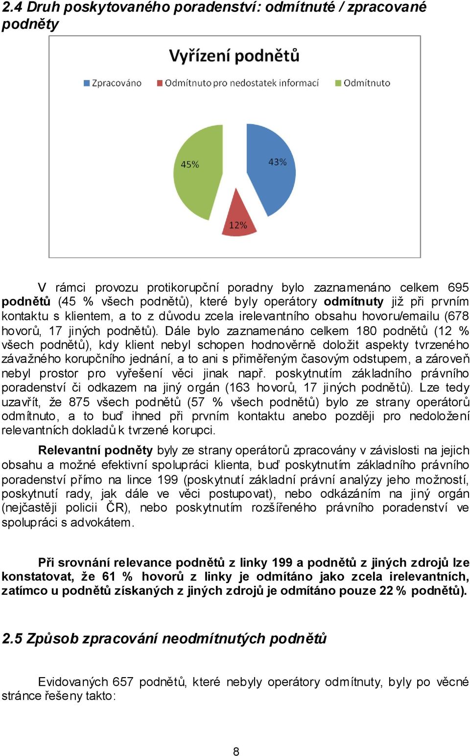 Dále bylo zaznamenáno celkem 180 podnětů (12 % všech podnětů), kdy klient nebyl schopen hodnověrně doložit aspekty tvrzeného závažného korupčního jednání, a to ani s přiměřeným časovým odstupem, a