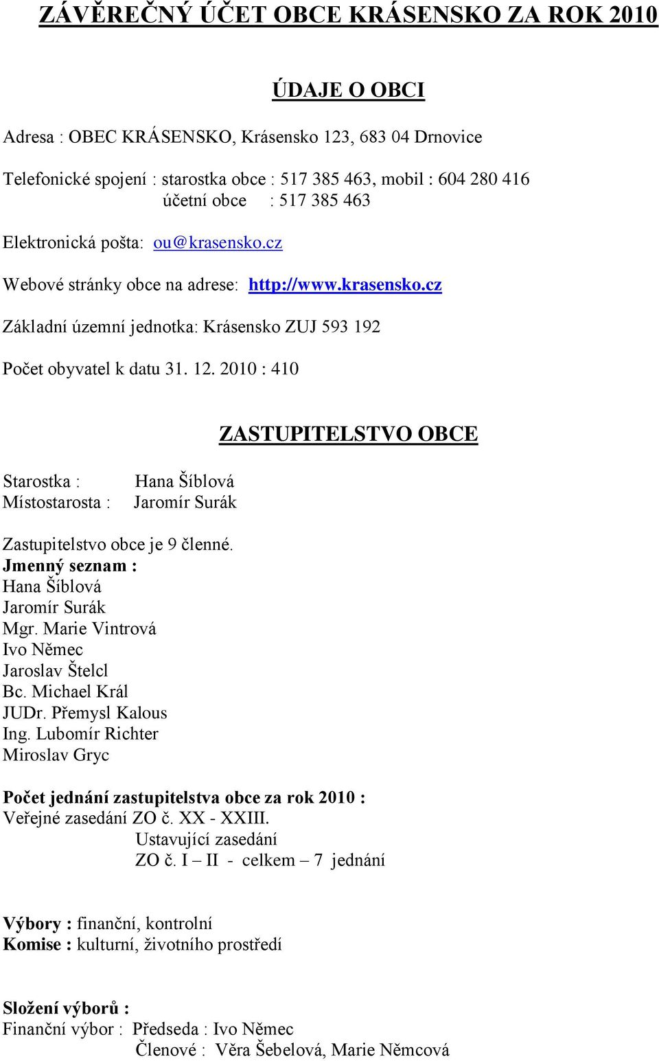 2010 : 410 ZASTUPITELSTVO OBCE Starostka : Místostarosta : Hana Šíblová Jaromír Surák Zastupitelstvo obce je 9 členné. Jmenný seznam : Hana Šíblová Jaromír Surák Mgr.