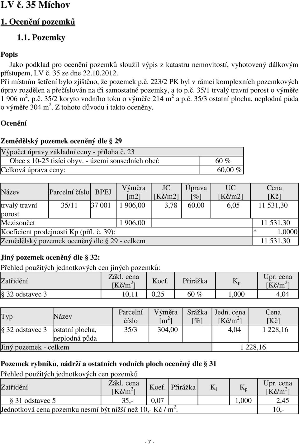 č. 35/3 ostatní plocha, neplodná půda o výměře 304 m 2. Z tohoto důvodu i takto oceněny. Ocenění Zemědělský pozemek oceněný dle 29 Výpočet úpravy základní ceny - příloha č.