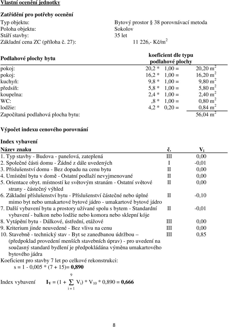 m 2 koupelna: 2,4 * 1,00 = 2,40 m 2 WC:,8 * 1,00 = 0,80 m 2 lodžie: 4,2 * 0,20 = 0,84 m 2 Započítaná podlahová plocha bytu: 56,04 m 2 Výpočet indexu cenového porovnání Index vybavení Název znaku č.