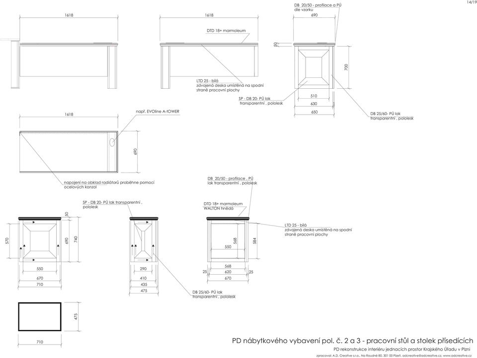 EVOline A-tOWER 650 DB 25/- PÚ lak transparentní, pololesk napojení na obklad radiátorů proběhne pomocí ocelových konzol DB 20/50 - profilace, PÚ lak transparentní, pololesk SP - DB