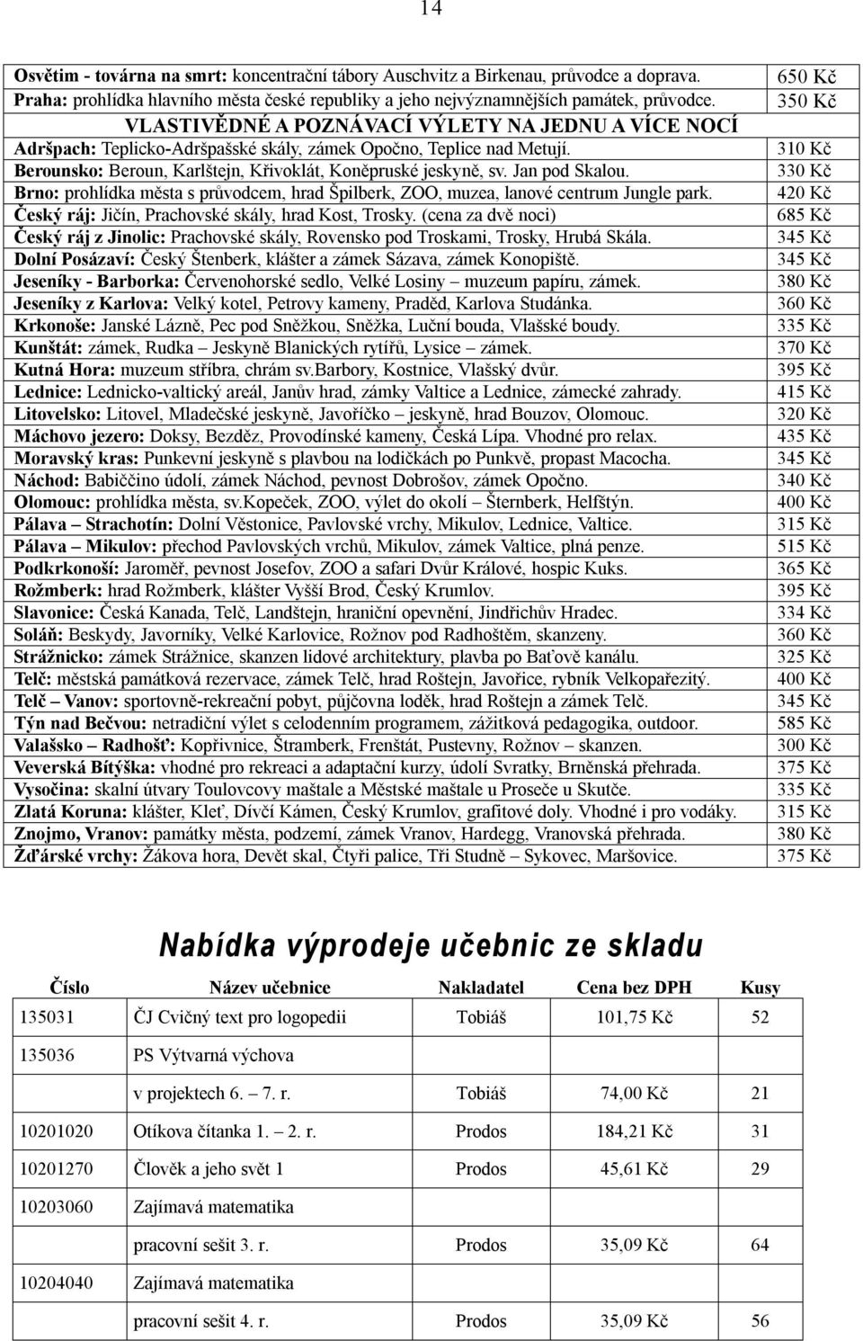 Jan pod Skalou. Brno: prohlídka města s průvodcem, hrad Špilberk, ZOO, muzea, lanové centrum Jungle park. Český ráj: Jičín, Prachovské skály, hrad Kost, Trosky.