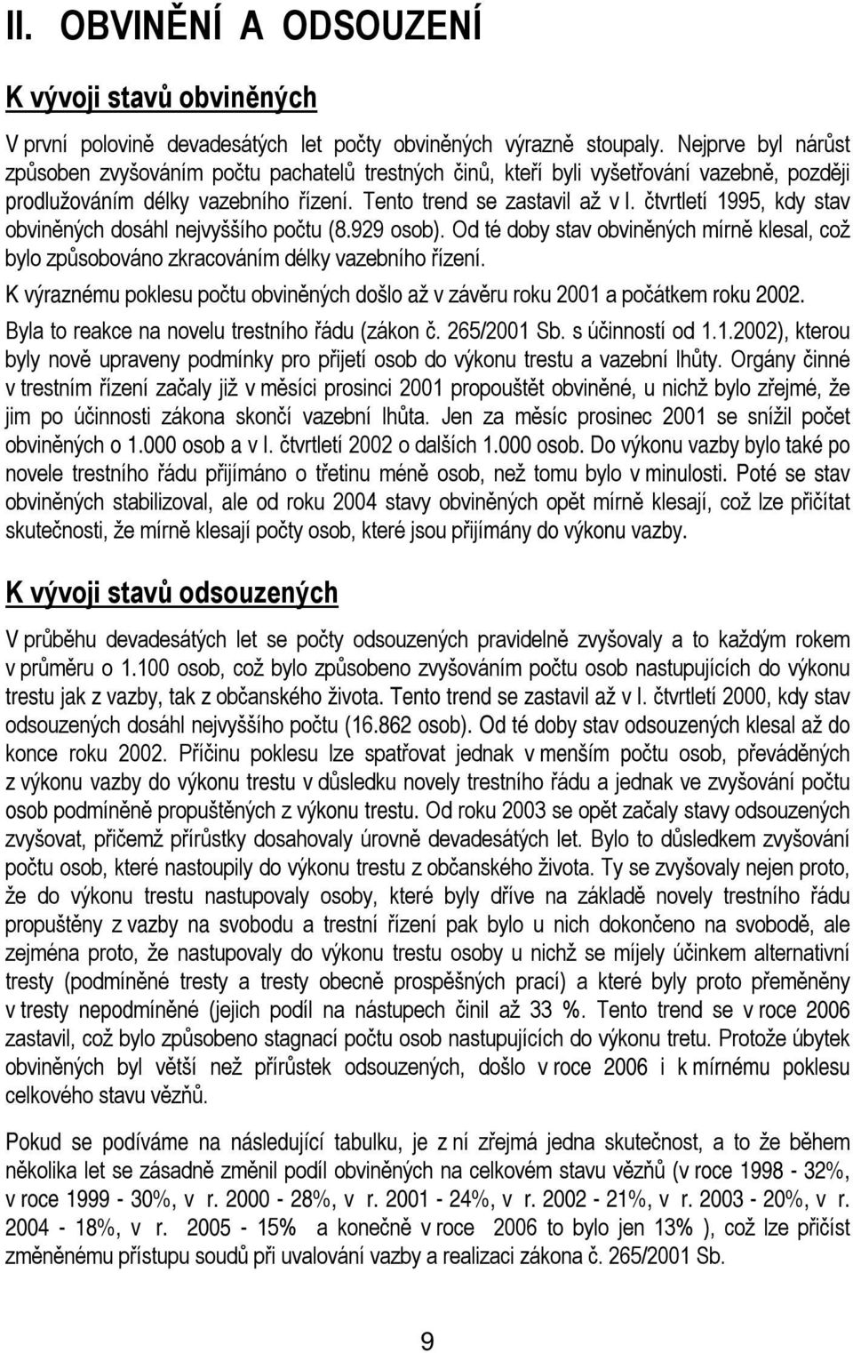 čtvrtletí 1995, kdy stav obviněných dosáhl nejvyššího počtu (8.929 osob). Od té doby stav obviněných mírně klesal, což bylo způsobováno zkracováním délky vazebního řízení.