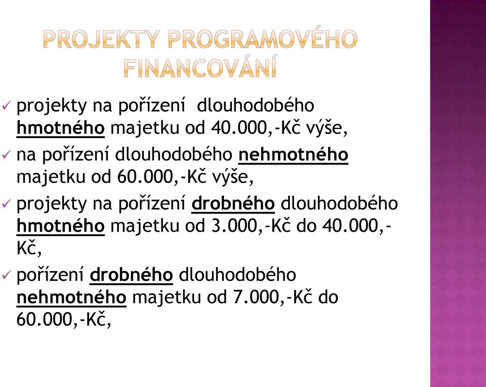 000,-Kč výše, projekty na pořízení drobného dlouhodobého hmotného majetku