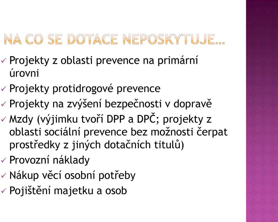 projekty z oblasti sociální prevence bez možnosti čerpat prostředky z jiných