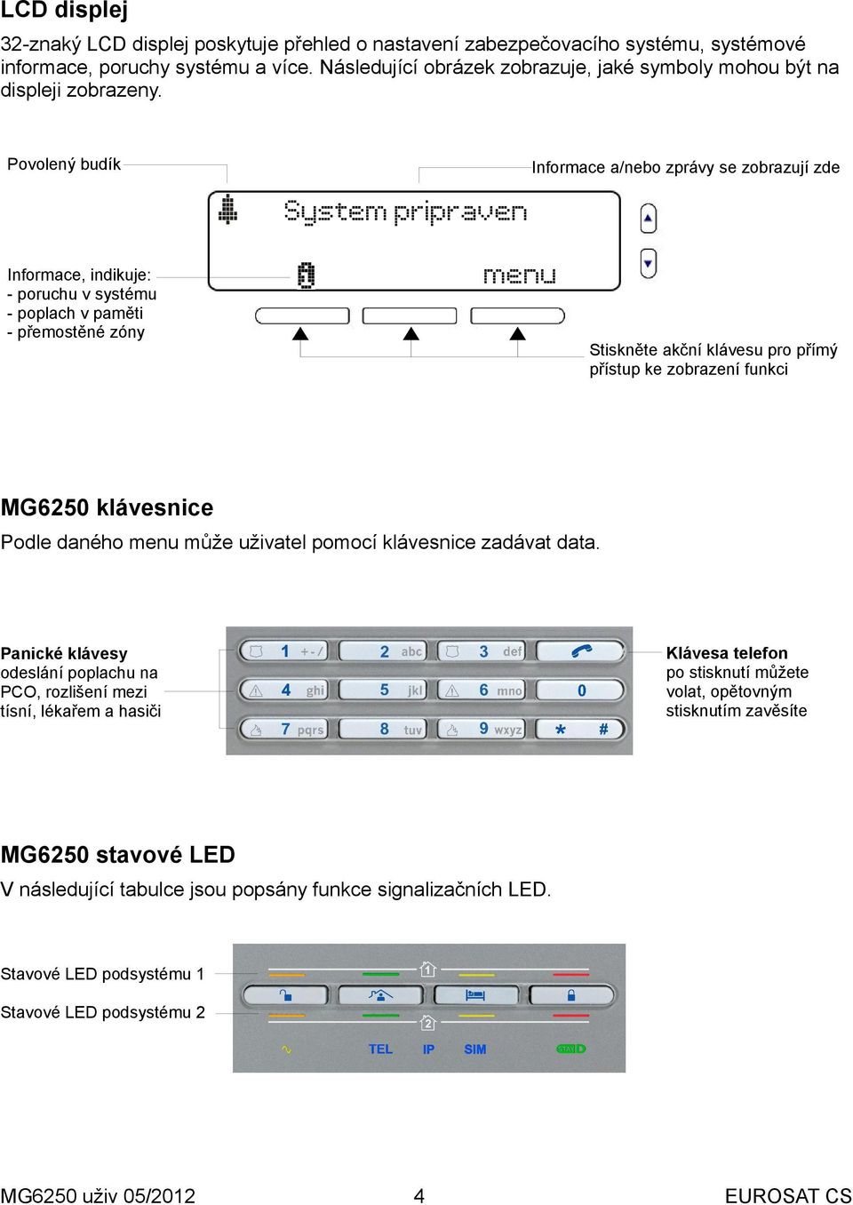 Povolený budík Informace a/nebo zprávy se zobrazují zde System pripraven Informace, indikuje: - poruchu v systému - poplach v paměti - přemostěné zóny Stiskněte akční klávesu pro přímý přístup ke