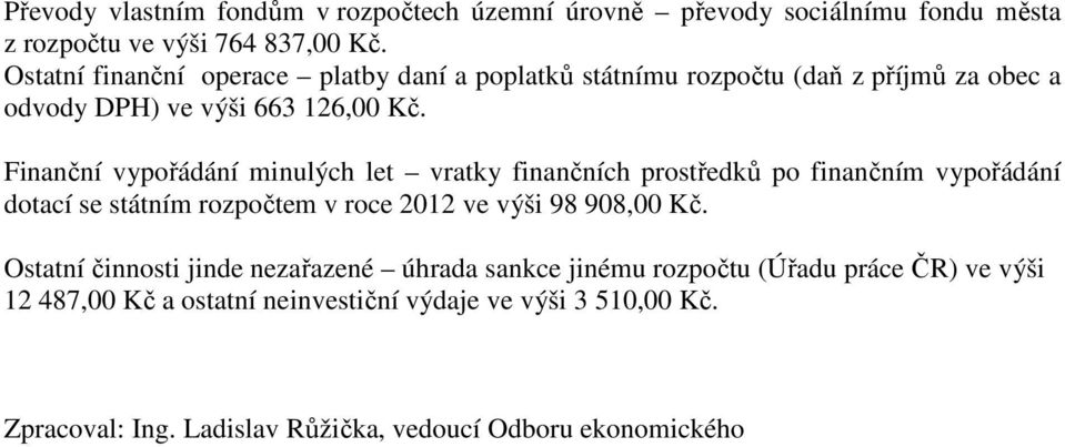 prostředků po finančním vypořádání dotací se státním rozpočtem v roce 2012 ve výši 98 908,00 Ostatní činnosti jinde nezařazené úhrada sankce