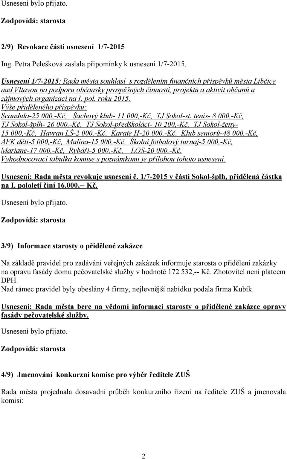 roku 2015. Výše přiděleného příspěvku: Scandula-25 000,-Kč, Šachový klub- 11 000,-Kč, TJ Sokol-st.