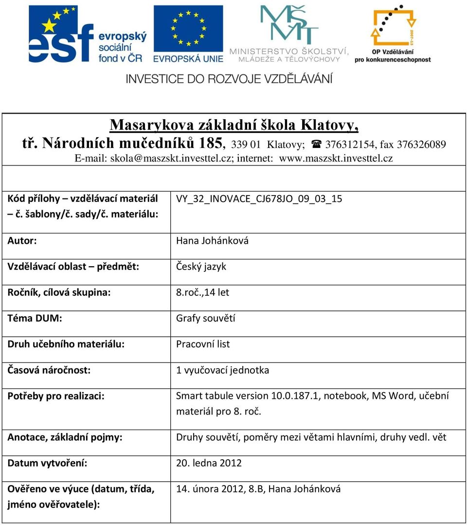 materiálu: Autor: Vzdělávací oblast předmět: Ročník, cílová skupina: Téma DUM: Druh učebního materiálu: Časová náročnost: Potřeby pro realizaci: Anotace, základní pojmy: