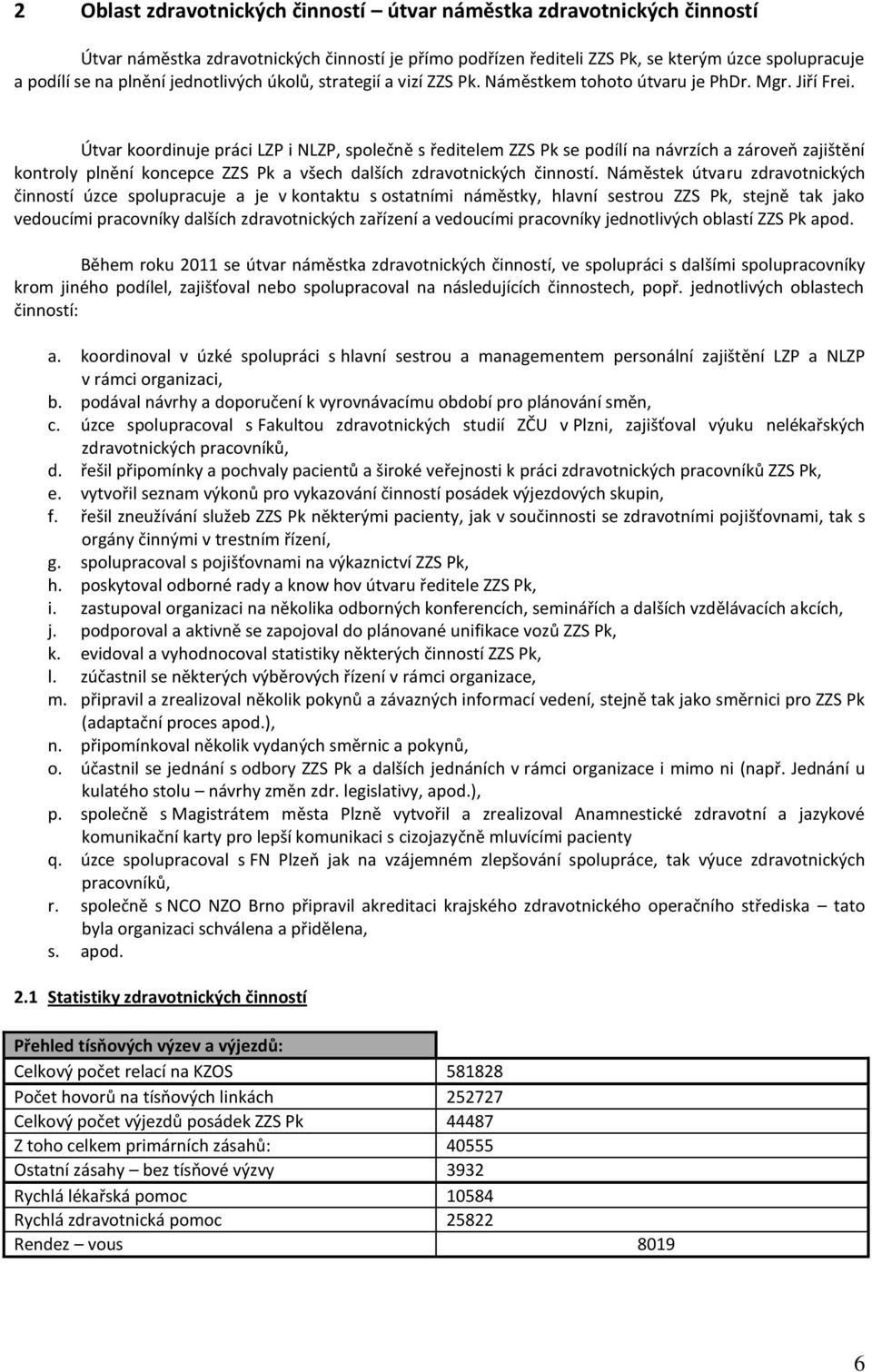 Útvar koordinuje práci LZP i NLZP, společně s ředitelem ZZS Pk se podílí na návrzích a zároveň zajištění kontroly plnění koncepce ZZS Pk a všech dalších zdravotnických činností.