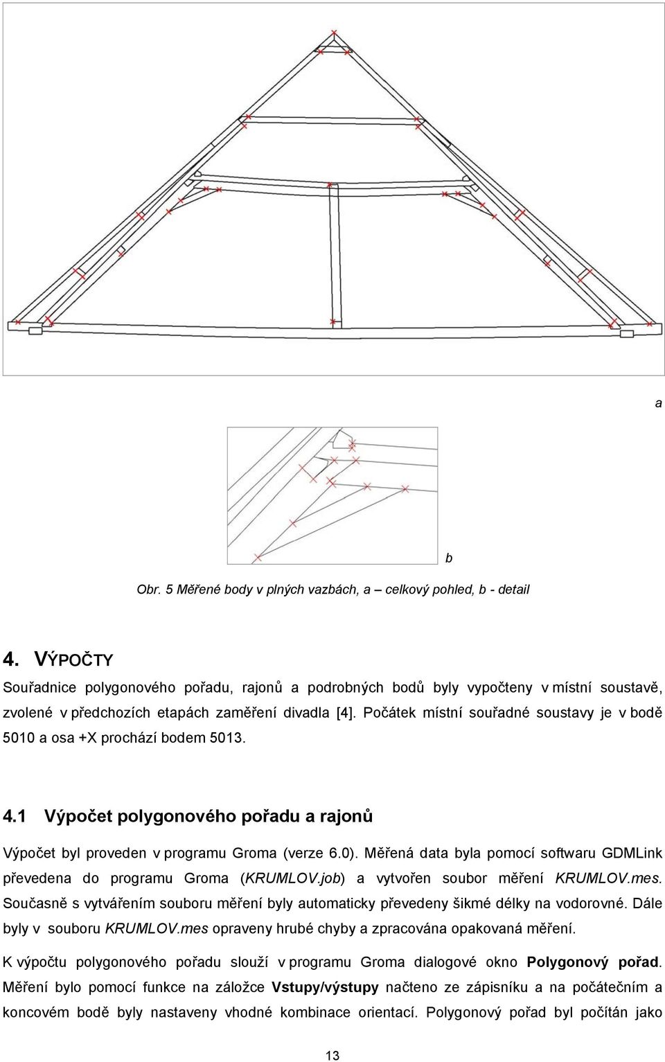 Počátek místní souřadné soustavy je v bodě 5010 a osa +X prochází bodem 5013. 4.1 Výpočet polygonového pořadu a rajonů Výpočet byl proveden v programu Groma (verze 6.0).