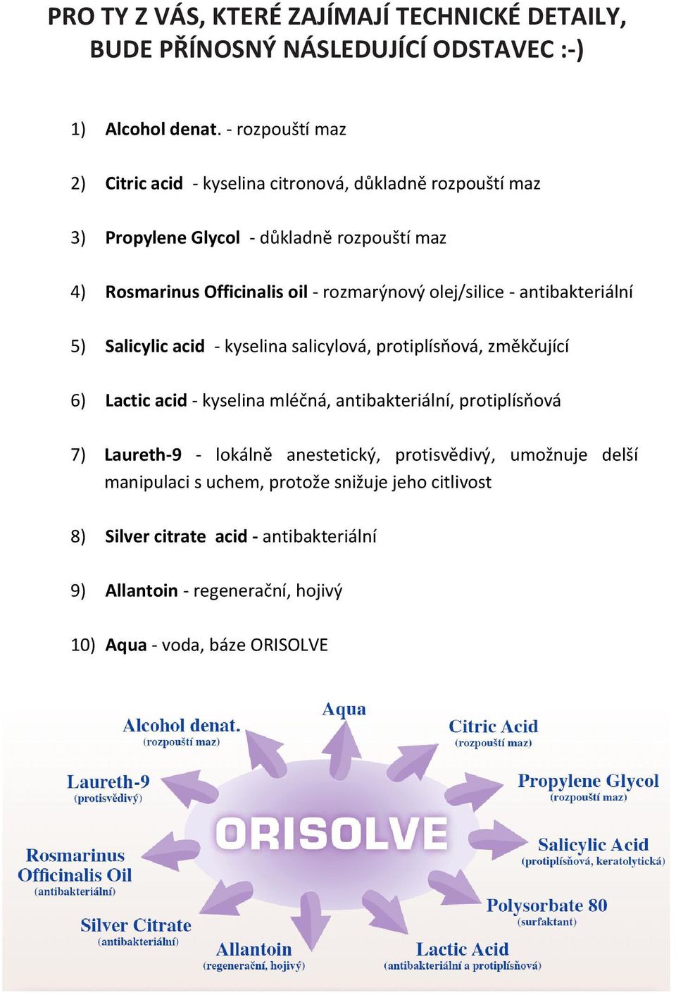 Salicylic acid - kyselina salicylová, protiplísňová, změkčující 6) Lactic acid - kyselina mléčná, antibakteriální, protiplísňová 7) Laureth-9 - lokálně anestetický, protisvědivý, umožnuje delší