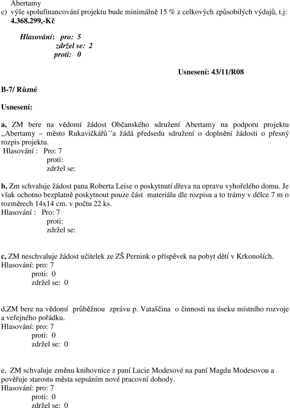 rozpis projektu. Hlasování : Pro: 7 zdržel se: b, Zm schvaluje žádost pana Roberta Leise o poskytnutí dřeva na opravu vyhořelého domu.