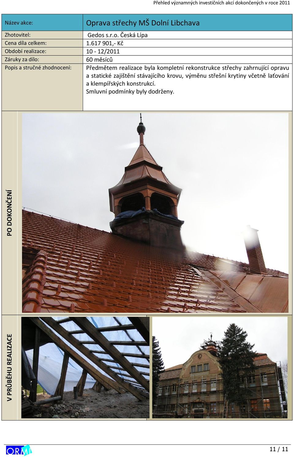 realizace byla kompletní rekonstrukce střechy zahrnující opravu a statické