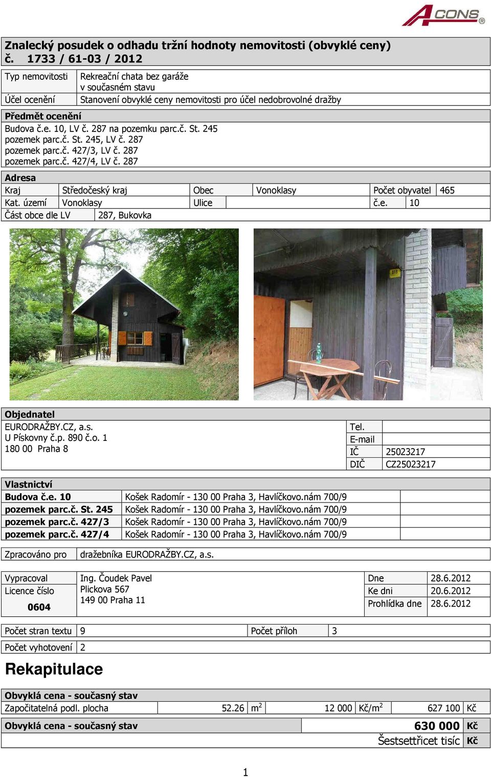 287 na pozemku parc.č. St. 245 pozemek parc.č. St. 245, LV č. 287 pozemek parc.č. 427/3, LV č. 287 pozemek parc.č. 427/4, LV č. 287 Adresa Kraj Středočeský kraj Obec Vonoklasy Počet obyvatel 465 Kat.
