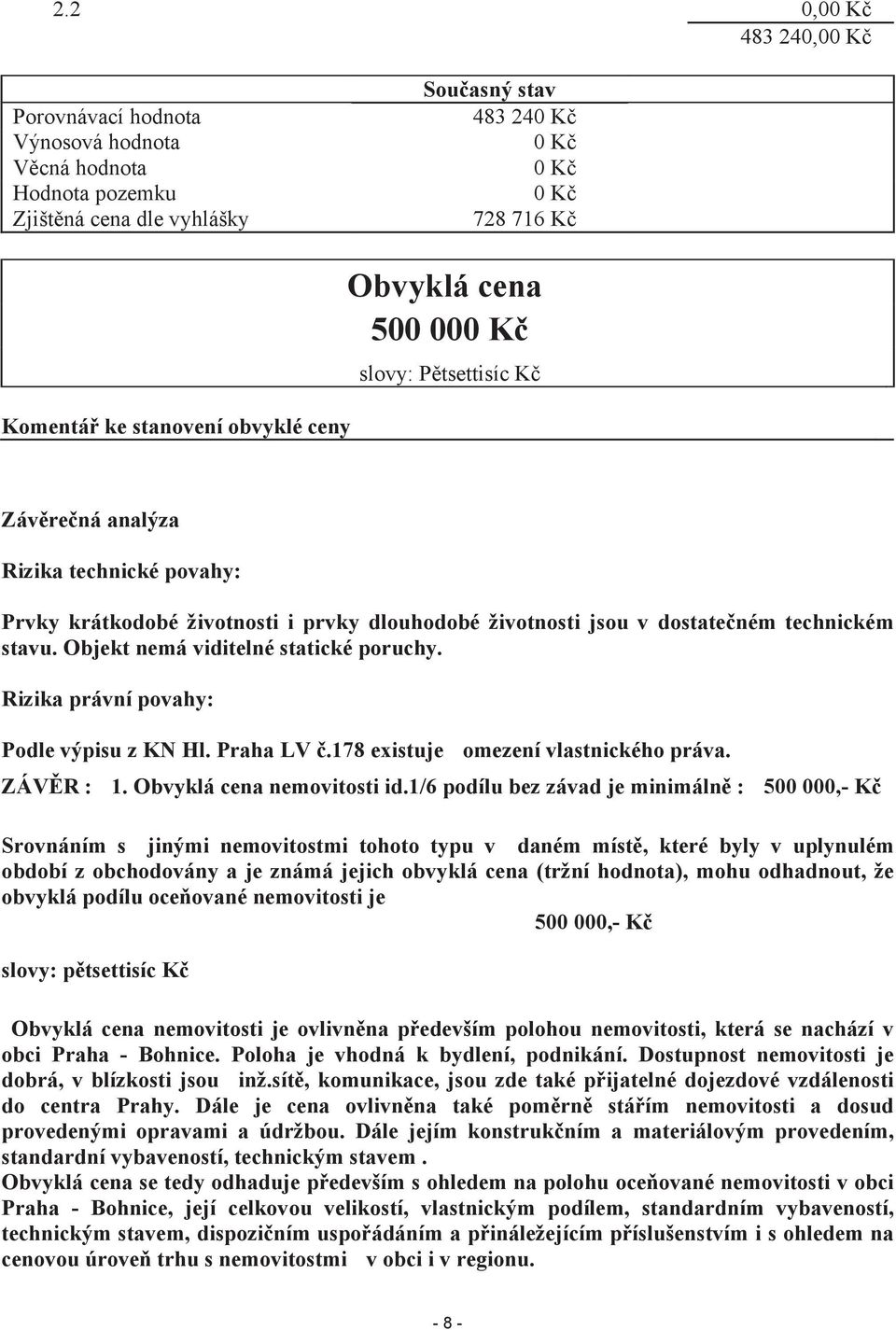 Objekt nemá viditelné statické poruchy. Rizika právní povahy: Podle výpisu z KN Hl. Praha LV č.178 existuje omezení vlastnického práva. ZÁVĚR : 1. Obvyklá cena nemovitosti id.