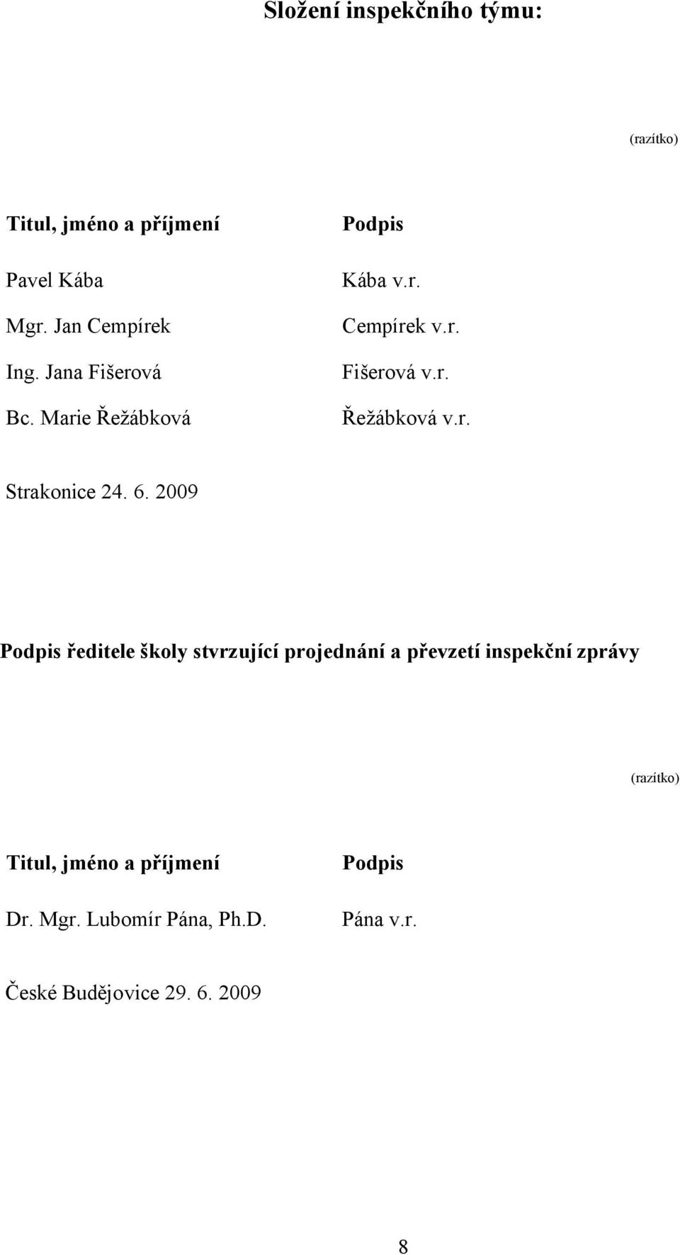 6. 2009 Podpis ředitele školy stvrzující projednání a převzetí inspekční zprávy (razítko) Titul,