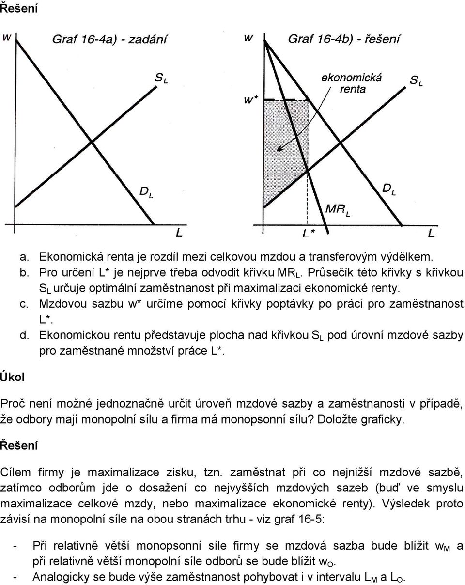 Ekonomickou rentu představuje plocha nad křivkou S L pod úrovní mzdové sazby pro zaměstnané množství práce L*.