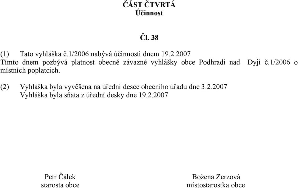 2007 Tímto dnem pozbývá platnost obecně závazné vyhlášky obce Podhradí nad Dyjí č.