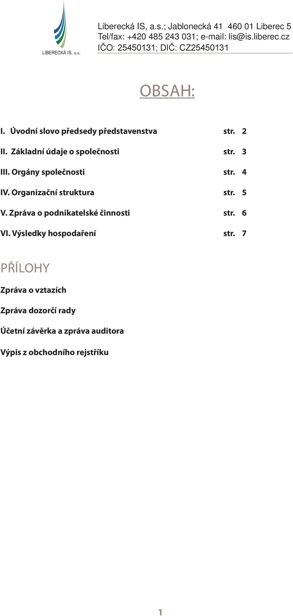 Organizační struktura str. 5 V. Zpráva o podnikatelské činnosti str. 6 VI.