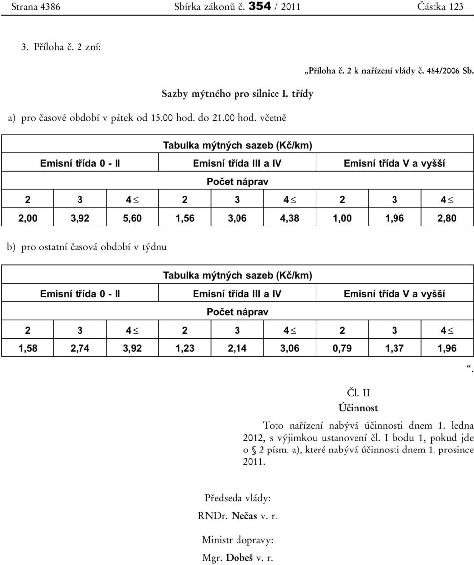 Tabulka mýtných sazeb (Kč/km) Emisní třída 0 - II Emisní třída III a IV Emisní třída V a vyšší Počet náprav 2 3 4 2 3 4 2 3 4 2,00 3,92 5,60 1,56 3,06 4,38 1,00 1,96 2,80 b) pro ostatní časová období