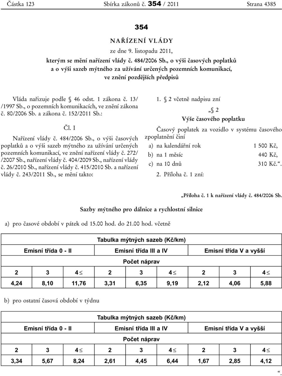 , o pozemních komunikacích, ve znění zákona č. 80/2006 Sb. a zákona č. 152/2011 Sb.: Čl. I Nařízení vlády č. 484/2006 Sb.