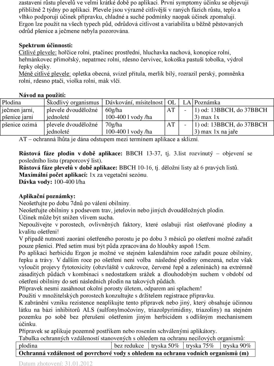 Ergon lze použít na všech typech půd, odrůdová citlivost a variabilita u běžně pěstovaných odrůd pšenice a ječmene nebyla pozorována.