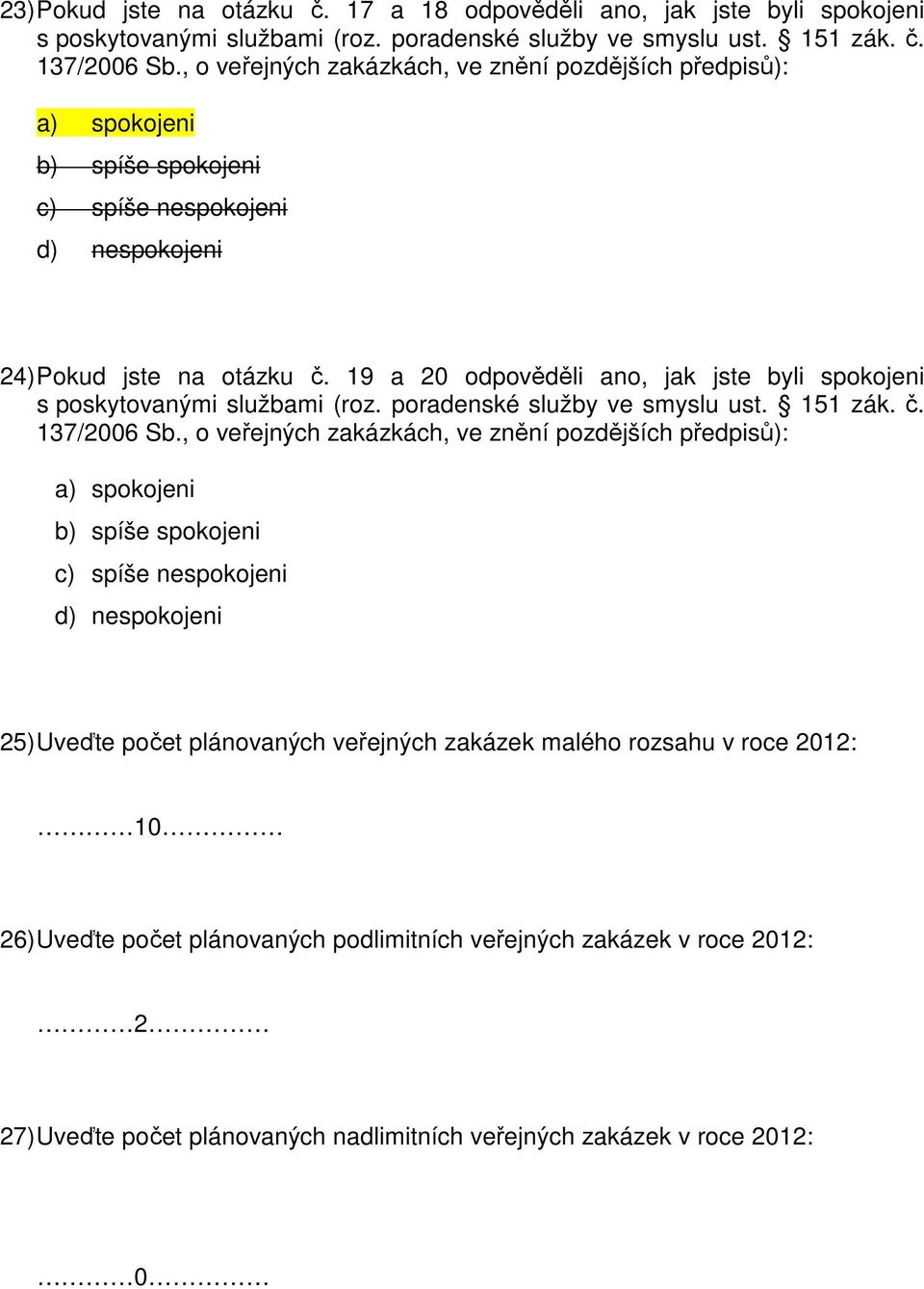 19 a 20 odpověděli ano, jak jste byli spokojeni s poskytovanými službami (roz. poradenské služby ve smyslu ust. 151 zák. č. 137/2006 Sb.