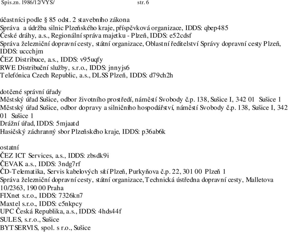 p. 138, Sušice I, 342 01 Sušice 1 Městský úřad Sušice, odbor dopravy a silničního hospodářství, náměstí Svobody č.p. 138, Sušice I, 342 01 Sušice 1 Drážní úřad, IDDS: 5mjaatd Hasičský záchranný sbor Plzeňského kraje, IDDS: p36ab6k ostatní ČEZ ICT Services, a.