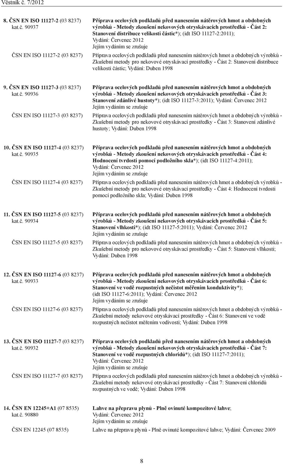 11127-2:2011); Vydání: Červenec 2012 ČSN EN ISO 11127-2 (03 8237) Příprava ocelových podkladů před nanesením nátěrových hmot a obdobných výrobků - Zkušební metody pro nekovové otryskávací prostředky