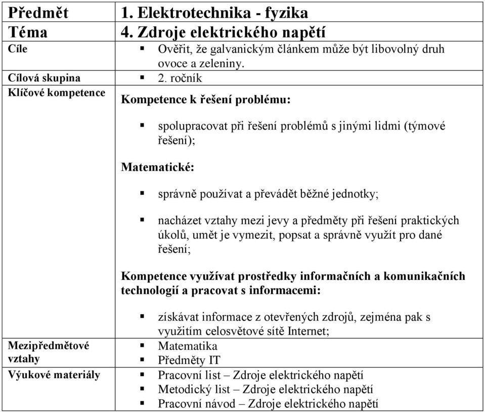 praktických úkolů, umět je vymezit, popsat a správně využít pro dané řešení; Kompetence využívat prostředky informačních a komunikačních technologií a pracovat s informacemi: získávat