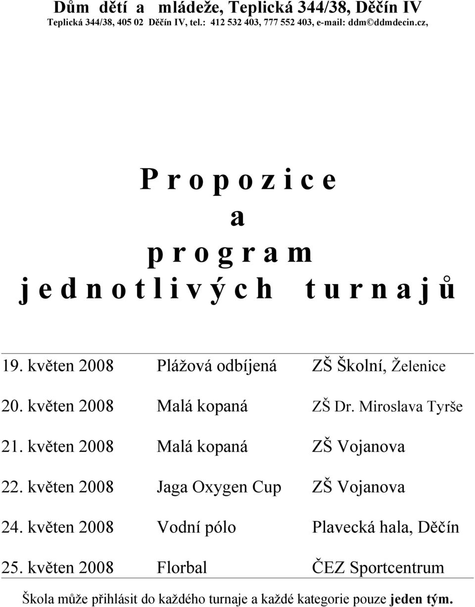 květen 2008 Malá kopaná ZŠ Dr. Miroslava Tyrše 21. květen 2008 Malá kopaná ZŠ Vojanova 22. květen 2008 Jaga Oxygen Cup ZŠ Vojanova 24.