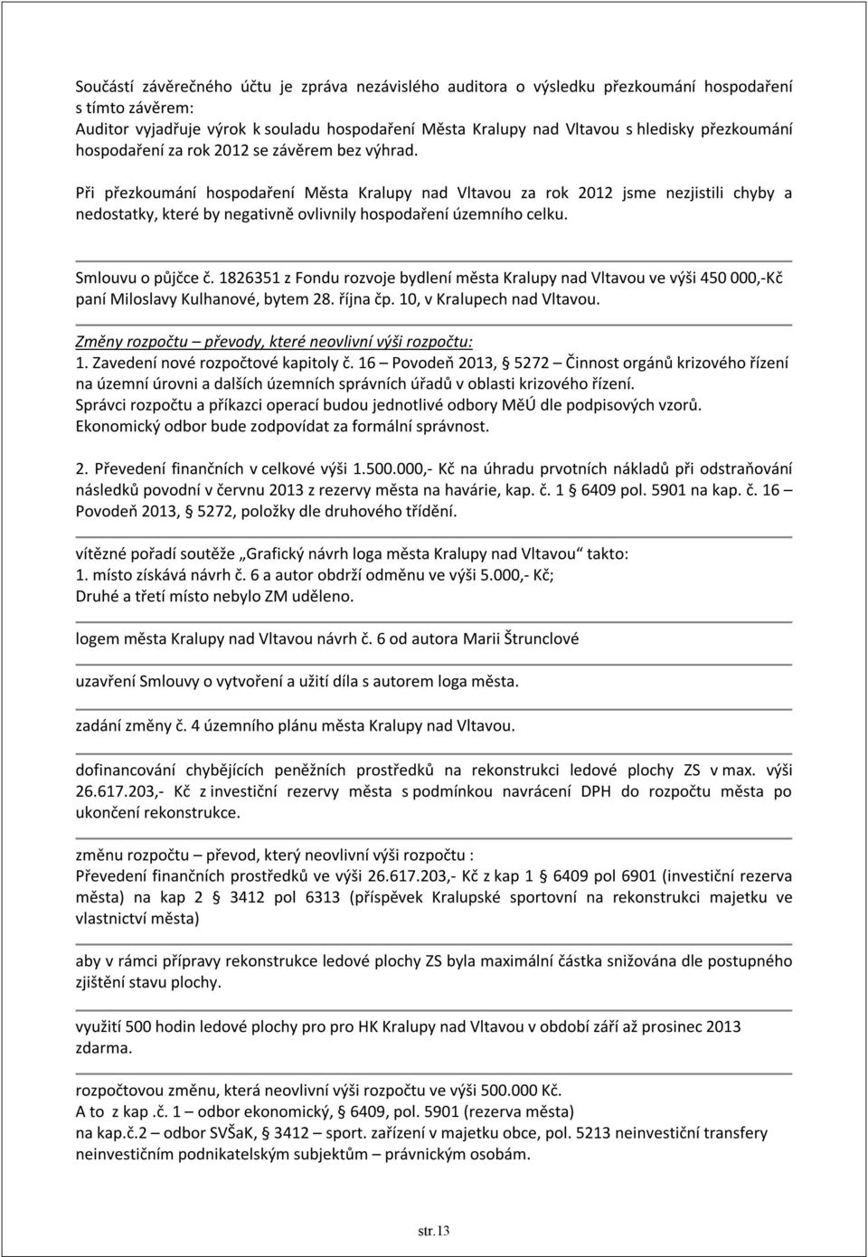 Při přezkoumání hospodaření Města Kralupy nad Vltavou za rok 2012 jsme nezjistili chyby a nedostatky, které by negativně ovlivnily hospodaření územního celku. Smlouvu o půjčce č.