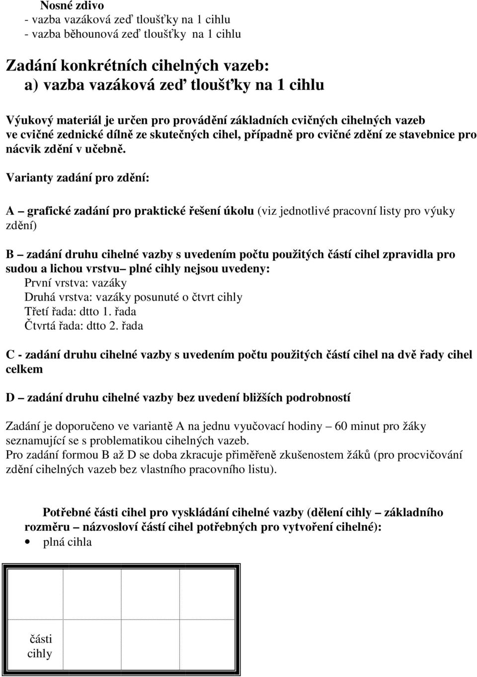 Varianty zadání pro zdění: A grafické zadání pro praktické řešení úkolu (viz jednotlivé pracovní listy pro výuky zdění) B zadání druhu cihelné vazby s uvedením počtu použitých částí cihel zpravidla