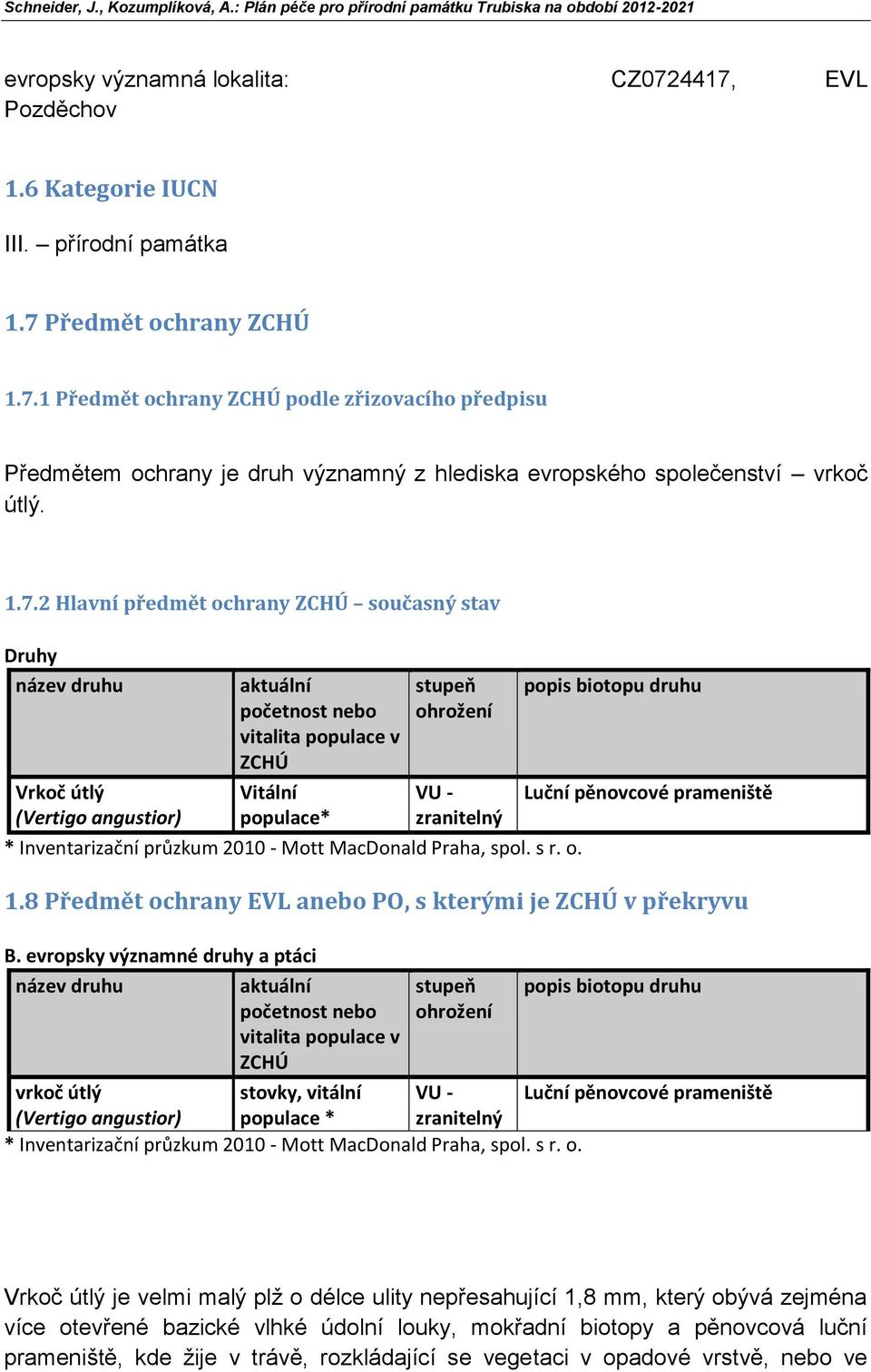 Inventarizační průzkum 2010 - Mott MacDonald Praha, spol. s r. o. popis biotopu druhu Luční pěnovcové prameniště 1.8 Předmět ochrany EVL anebo PO, s kterými je ZCHÚ v překryvu B.