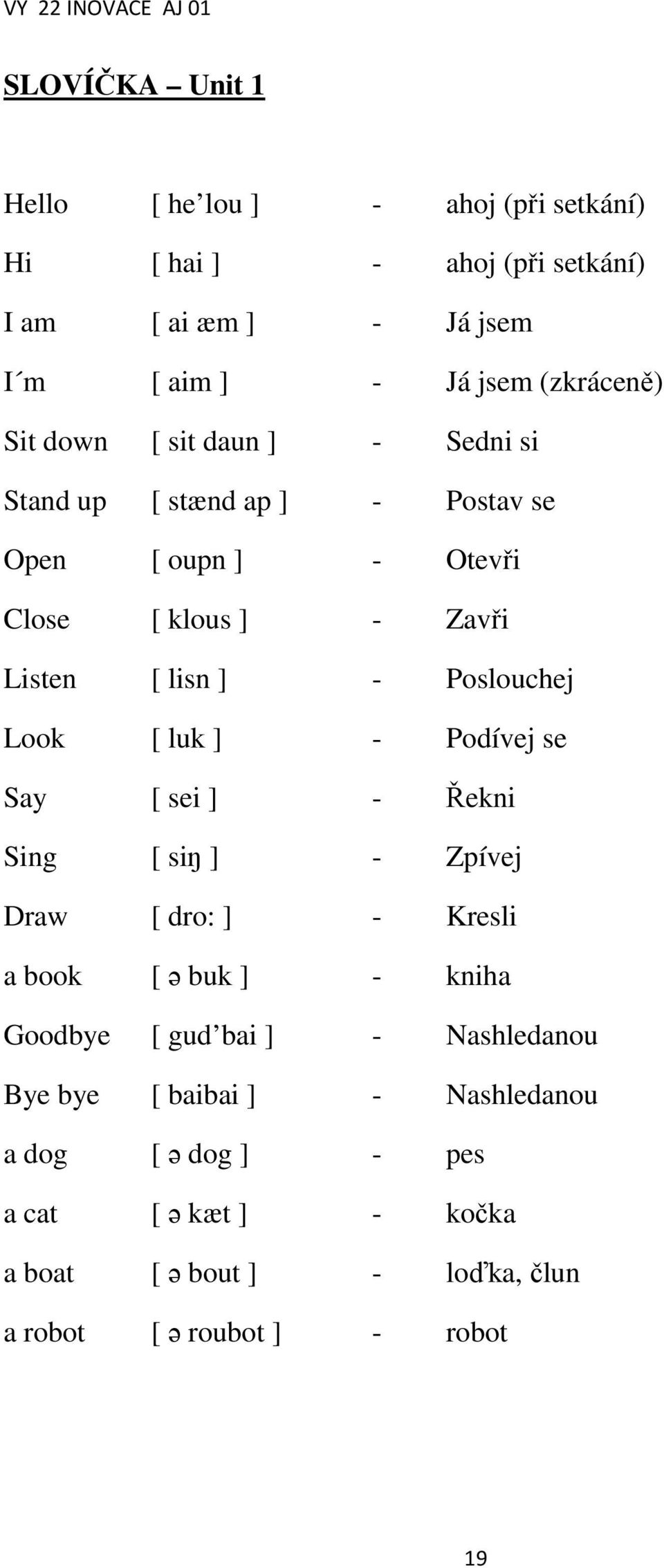 Look [ luk ] - Podívej se Say [ sei ] - Řekni Sing [ siŋ ] - Zpívej Draw [ dro: ] - Kresli a book [ ə buk ] - kniha Goodbye [ gud bai ] -