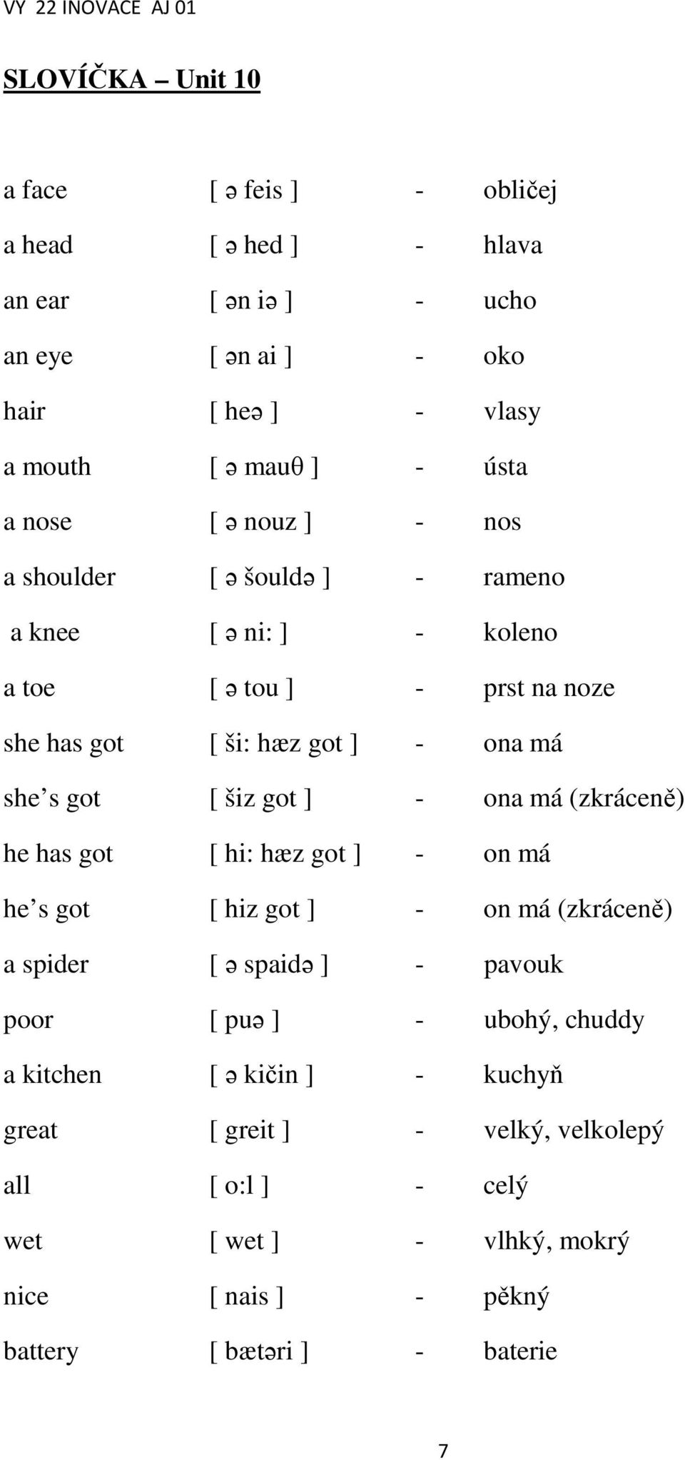 šiz got ] - ona má (zkráceně) he has got [ hi: hæz got ] - on má he s got [ hiz got ] - on má (zkráceně) a spider [ ə spaidə ] - pavouk poor [ puə ] - ubohý,