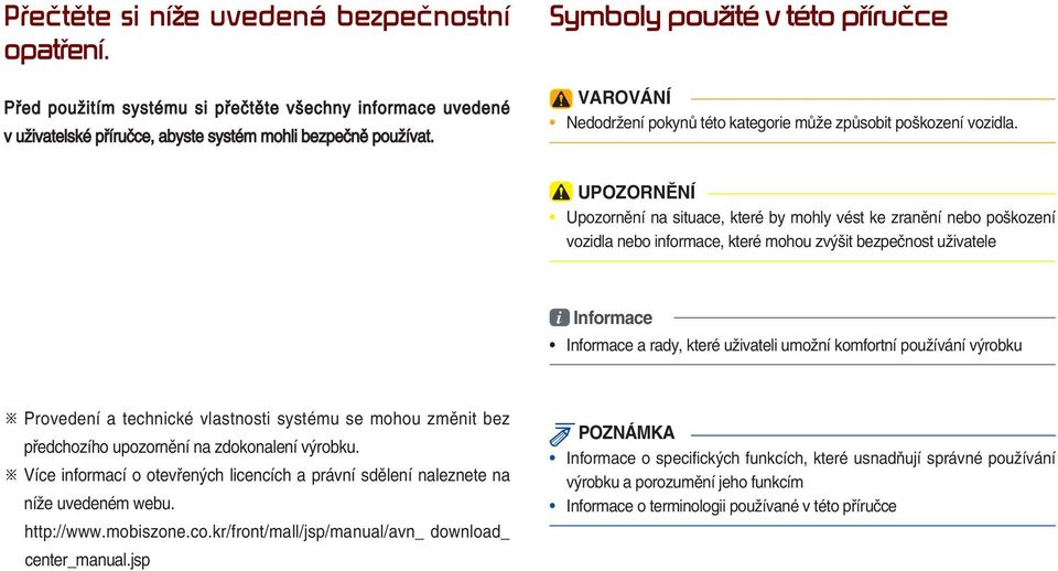 UPOZORNĚNÍ Upozornění na situace, které by mohly vést ke zranění nebo poškození vozidla nebo informace, které mohou zvýšit bezpečnost uživatele i Informace Informace a rady, které uživateli umožní