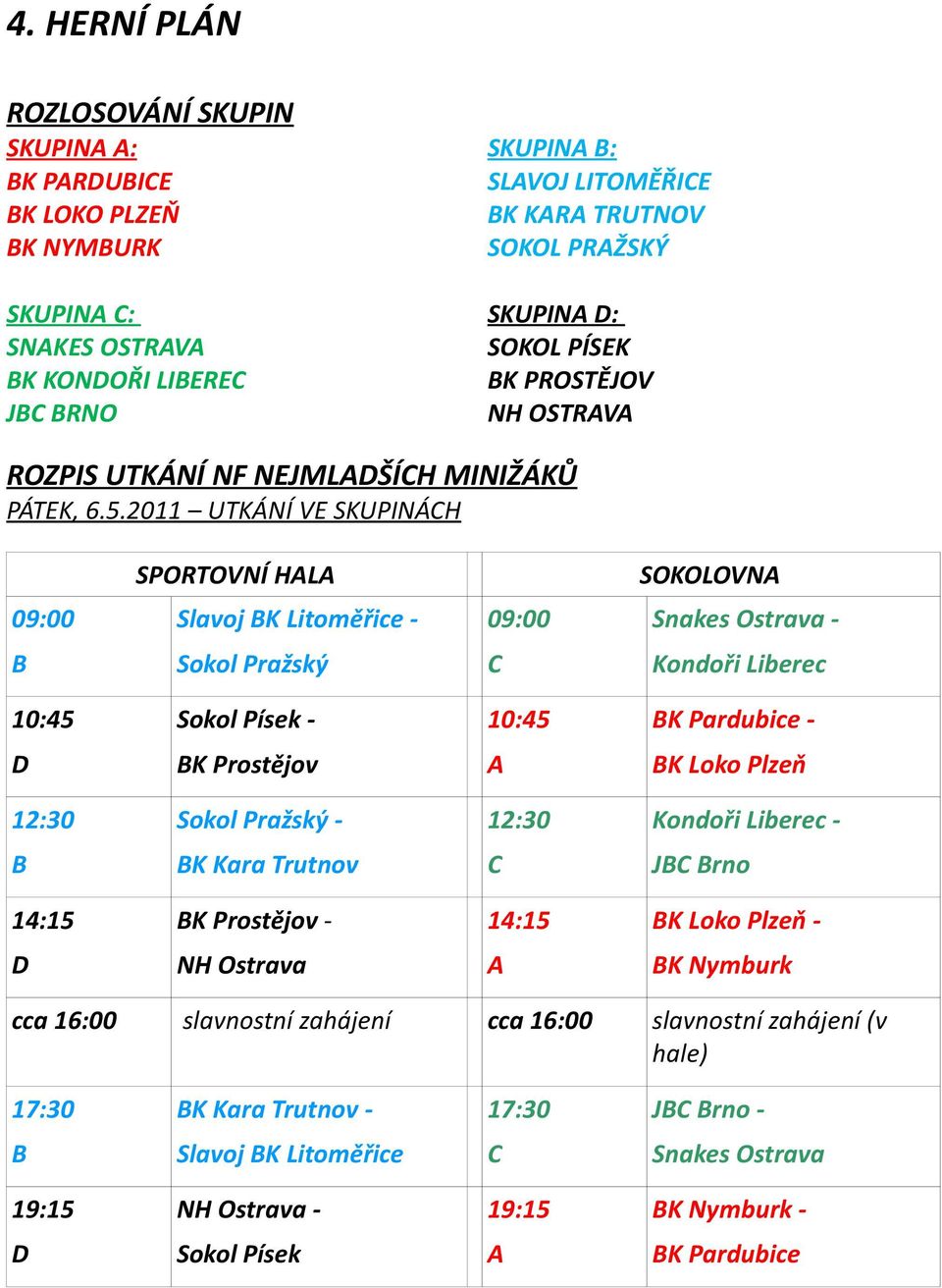 2011 UTKÁNÍ VE SKUPINÁCH SPORTOVNÍ HALA SOKOLOVNA 09:00 Slavoj BK Litoměřice - 09:00 Snakes Ostrava - B Sokol Pražský C Kondoři Liberec 10:45 Sokol Písek - 10:45 BK Pardubice - D BK Prostějov A BK