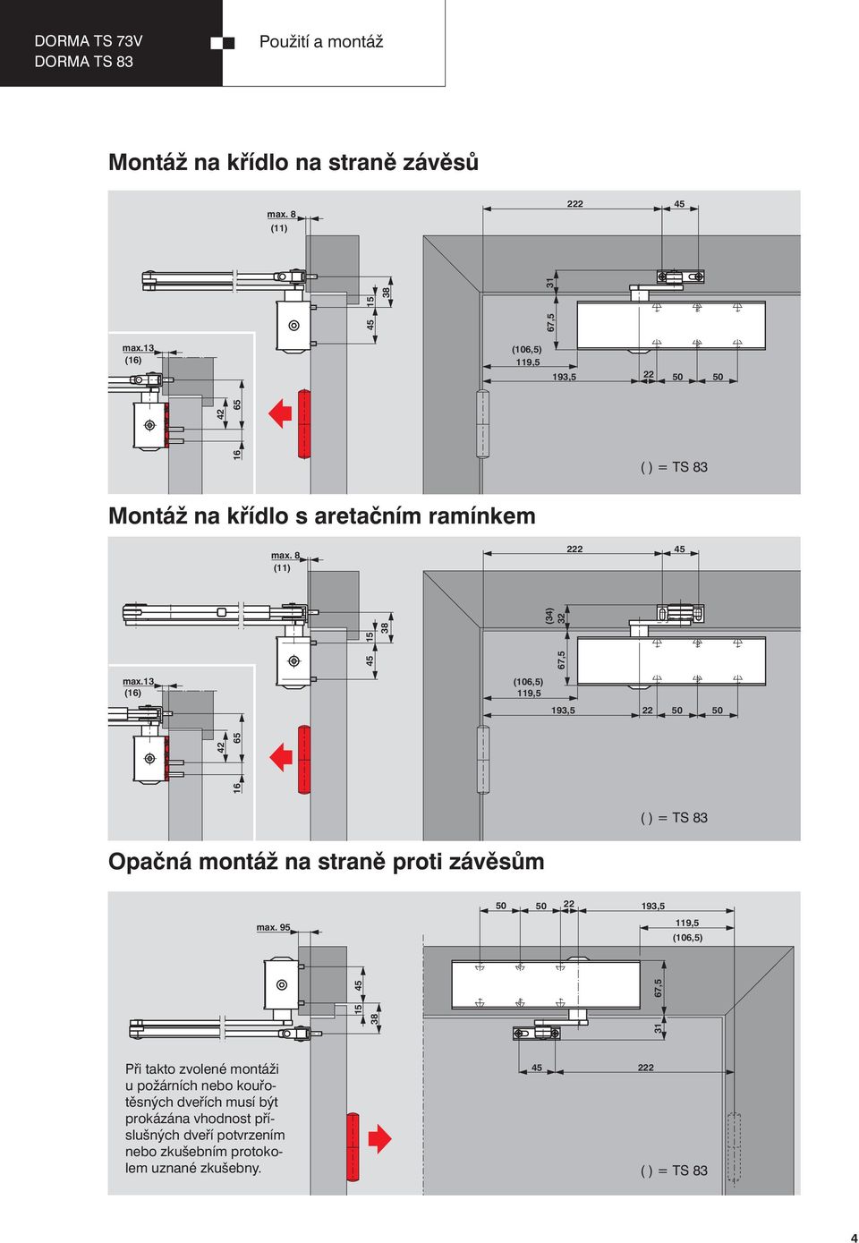 13 () 15 67,5 (34) 32 (106,5) 119,5 193,5 22 50 50 ( ) = TS 83 Opačná montáž na straně proti závěsům 50 50 22 193,5 max.