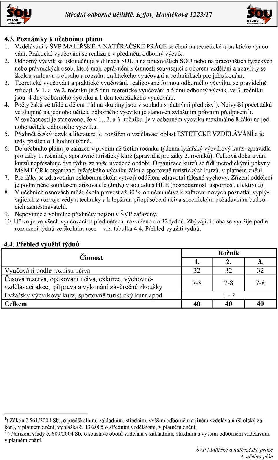 školou smlouvu o obsahu a rozsahu praktického vyučování a podmínkách pro jeho konání. 3. Teoretické vyučování a praktické vyučování, realizované formou odborného výcviku, se pravidelně střídají. V 1.